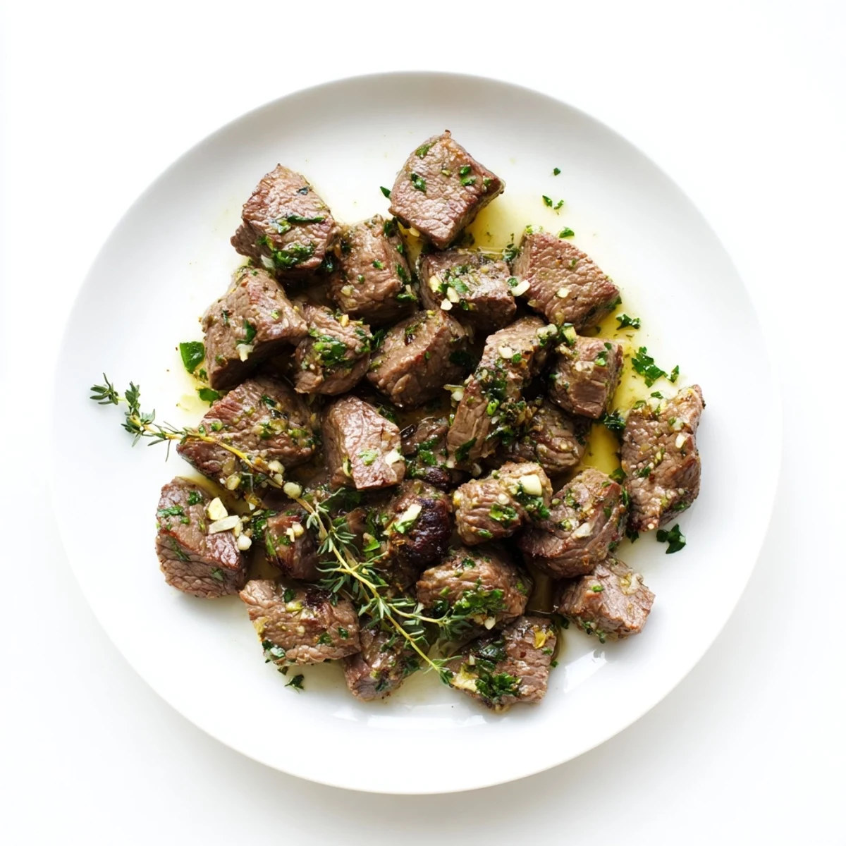 Tender seared steak cubes coated in rich garlic butter sauce, served on a white plate with herbs