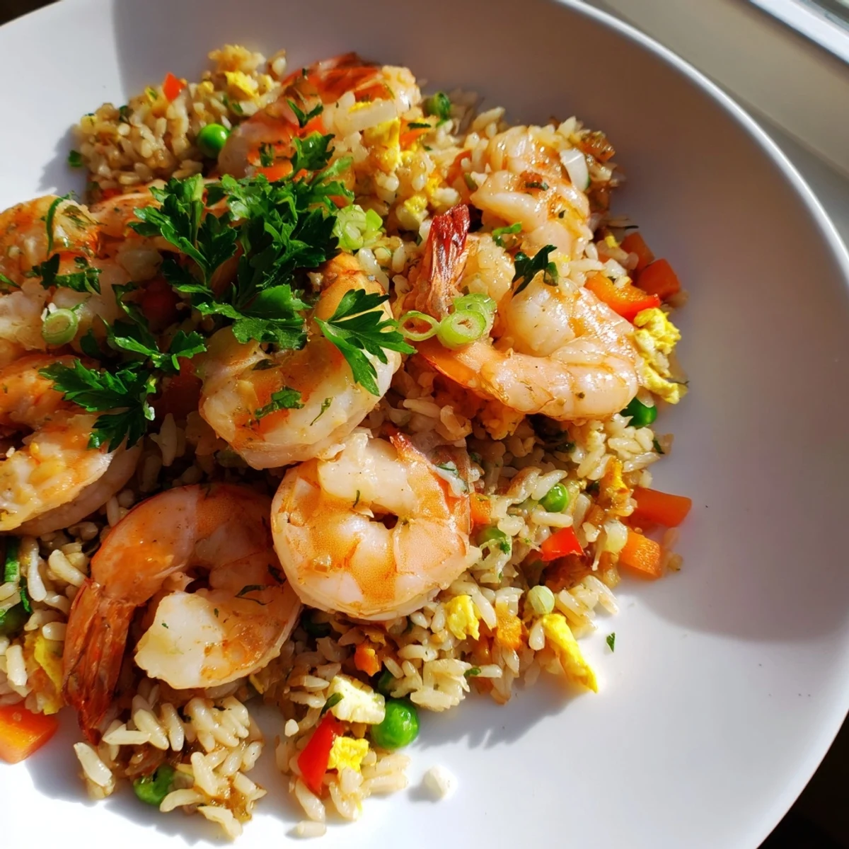 Golden garlic prawns atop colorful sweet chilli fried rice with fresh vegetables and herbs