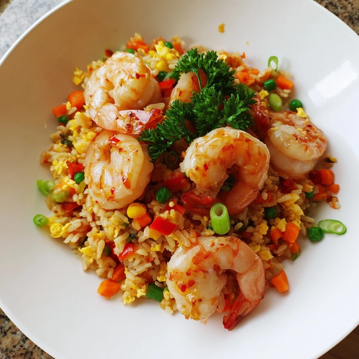 Vibrant Asian fusion bowl featuring juicy garlic prawns served over sweet chilli fried rice
