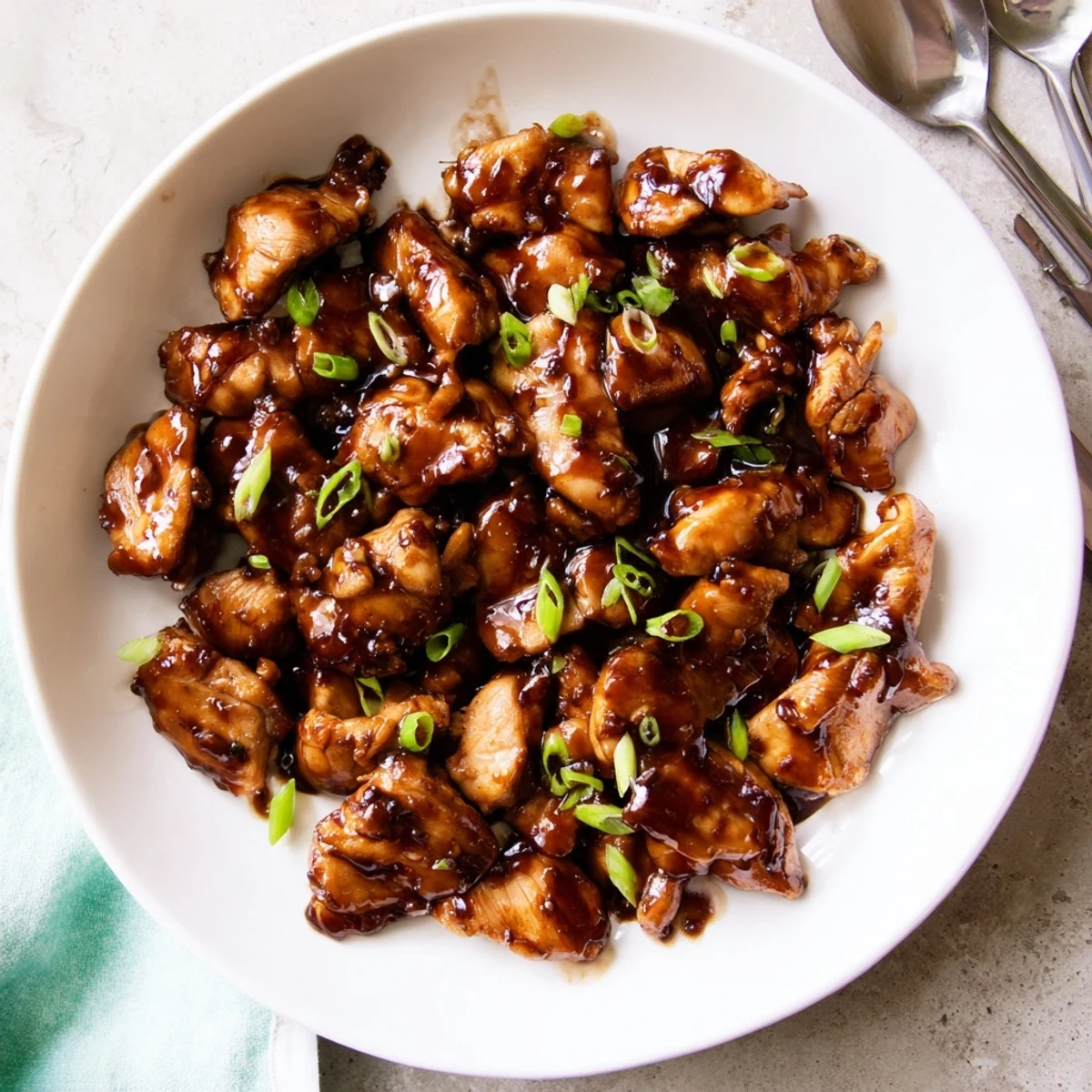 Golden brown Mongolian chicken pieces glazed in a shiny sweet savory sauce with green onion garnish