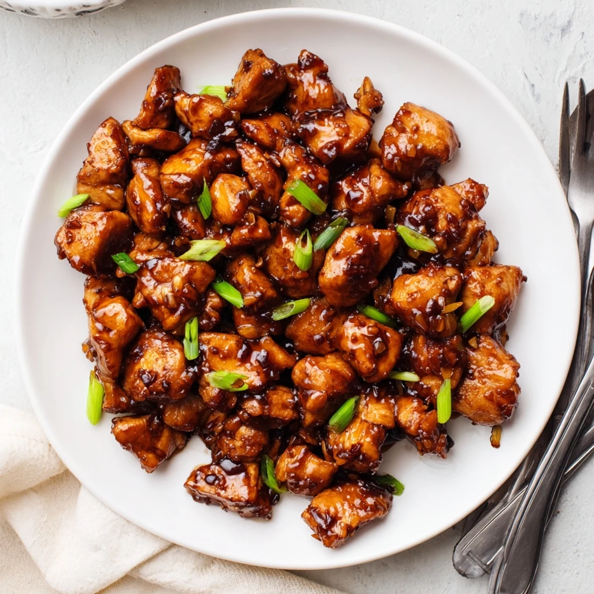 Savory Asian style Mongolian chicken wok fried with aromatic garlic and fresh ginger in rich glaze