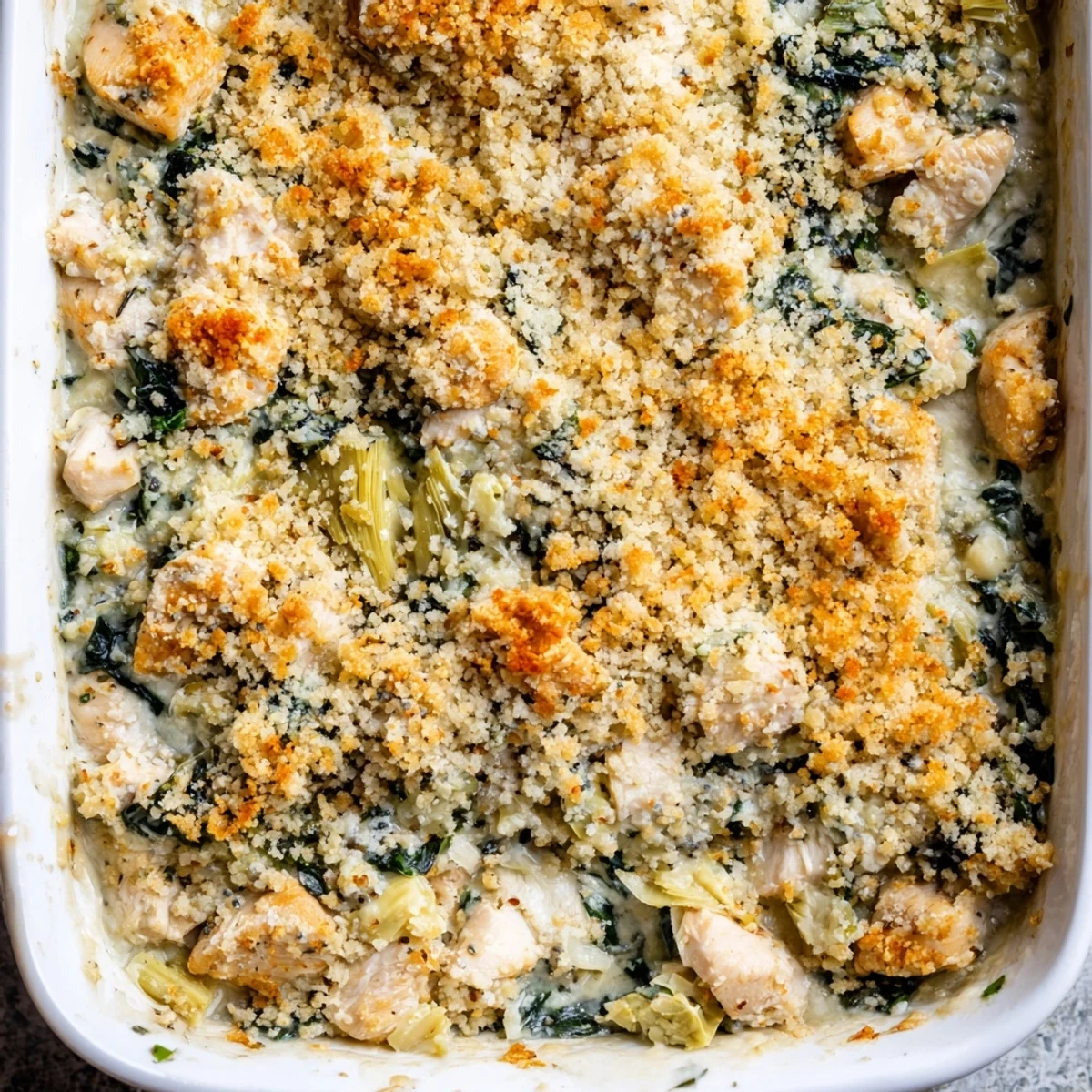 Creamy chicken spinach and artichoke casserole fresh from oven with melted cheese and golden breadcrumbs