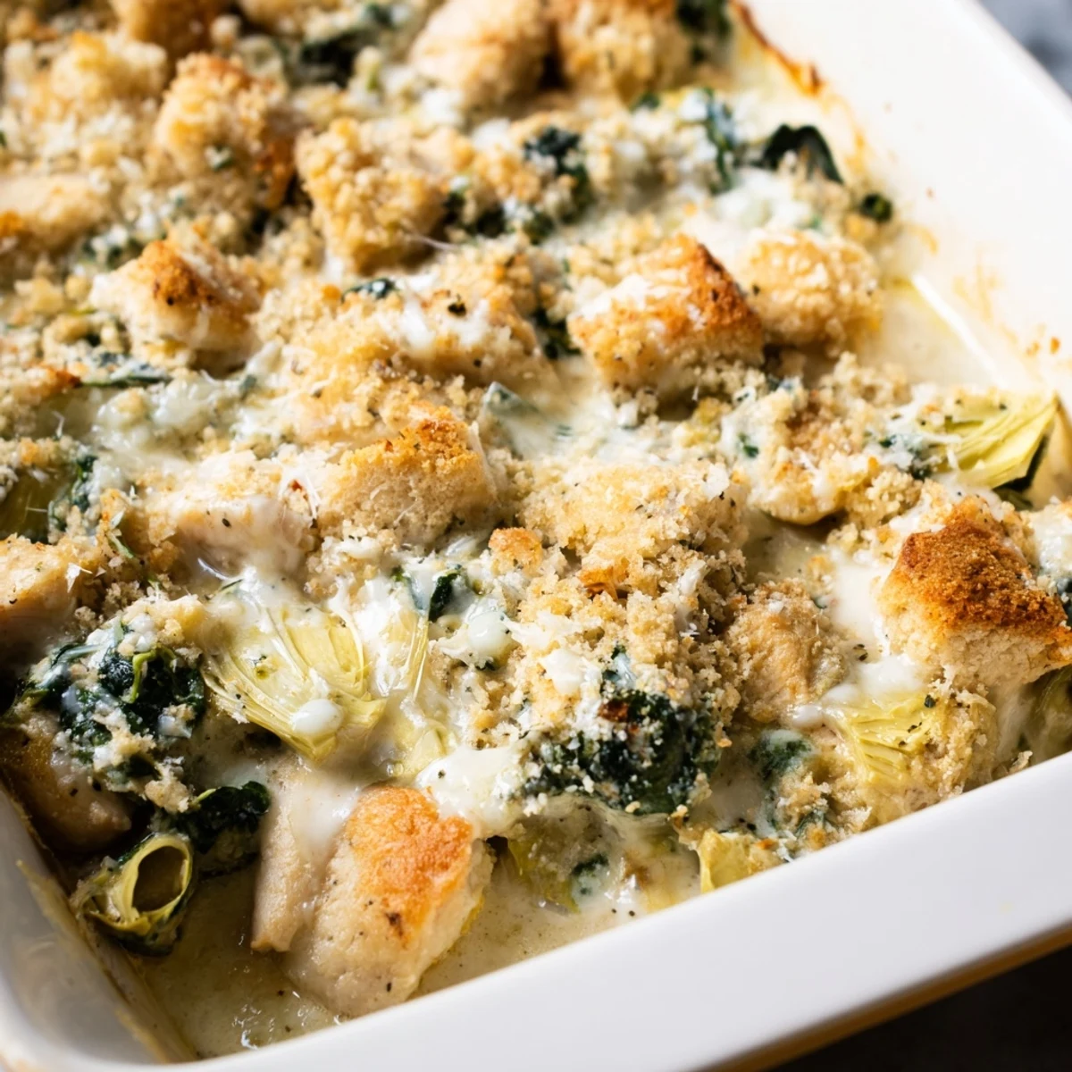 Golden brown high protein spinach and artichoke chicken casserole with crispy panko topping bubbling hot