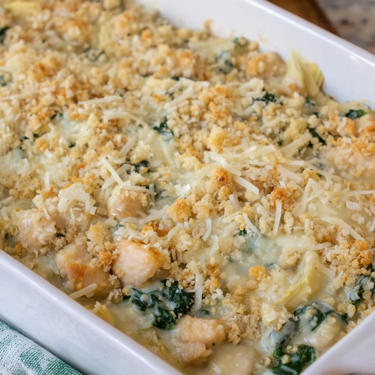 Scoop of high protein spinach and artichoke chicken casserole showing tender chicken chunks in creamy sauce
