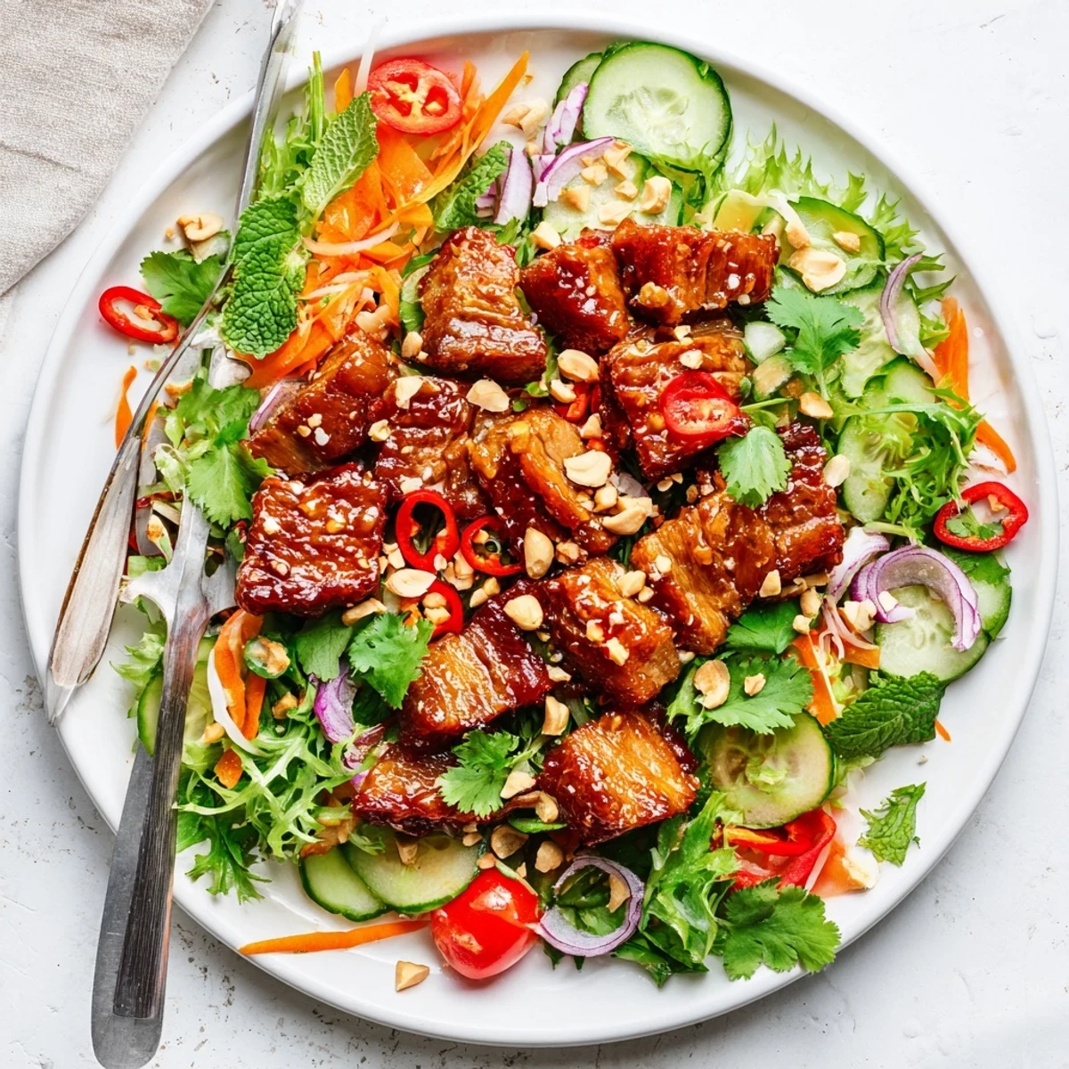 Vibrant Asian fusion salad featuring tender crispy pork belly tossed in glossy red sweet and sour glaze over crisp cucumber and julienned carrots
