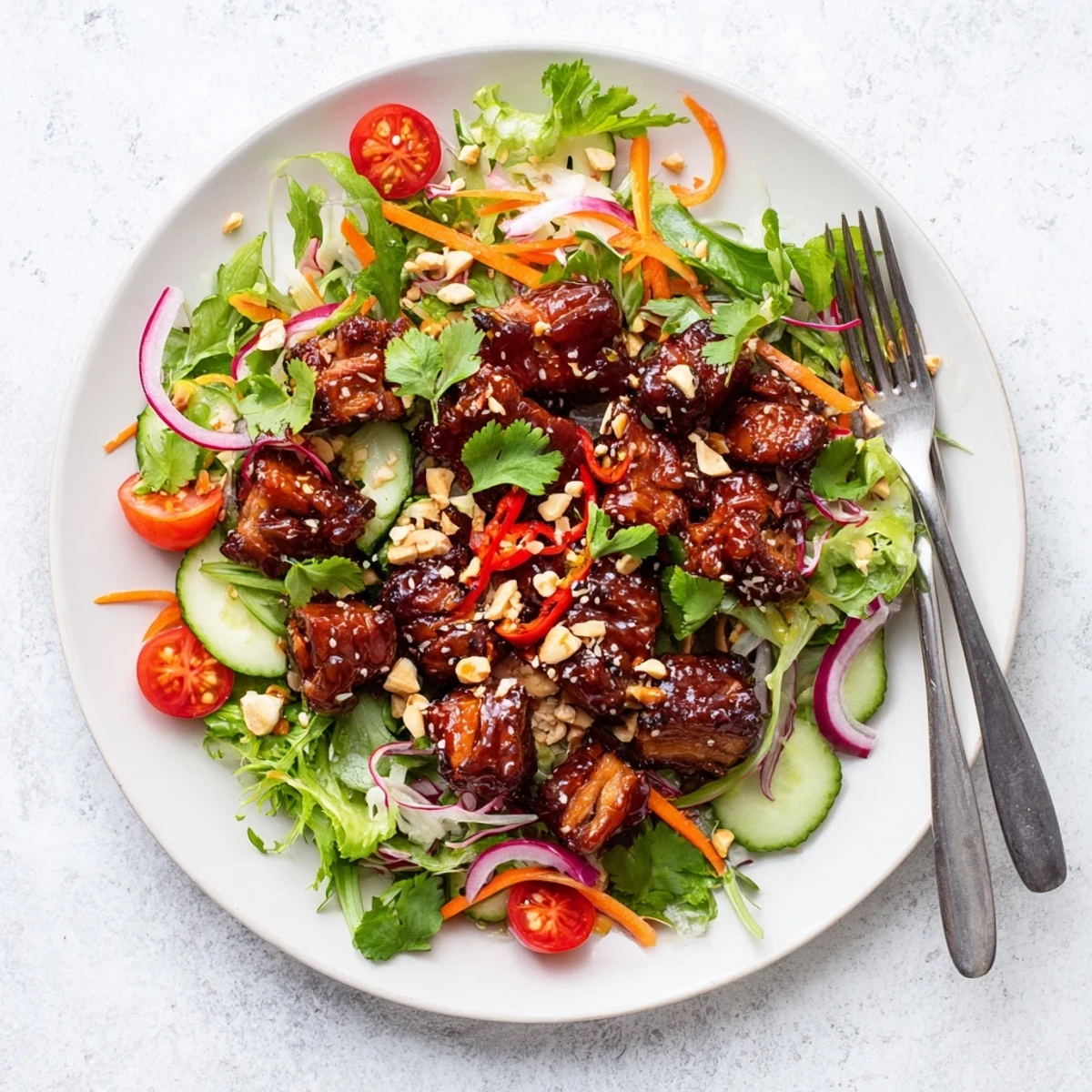 Golden crispy pork belly pieces glazed in tangy sweet and sour sauce atop a bed of fresh mixed salad greens and colorful vegetables