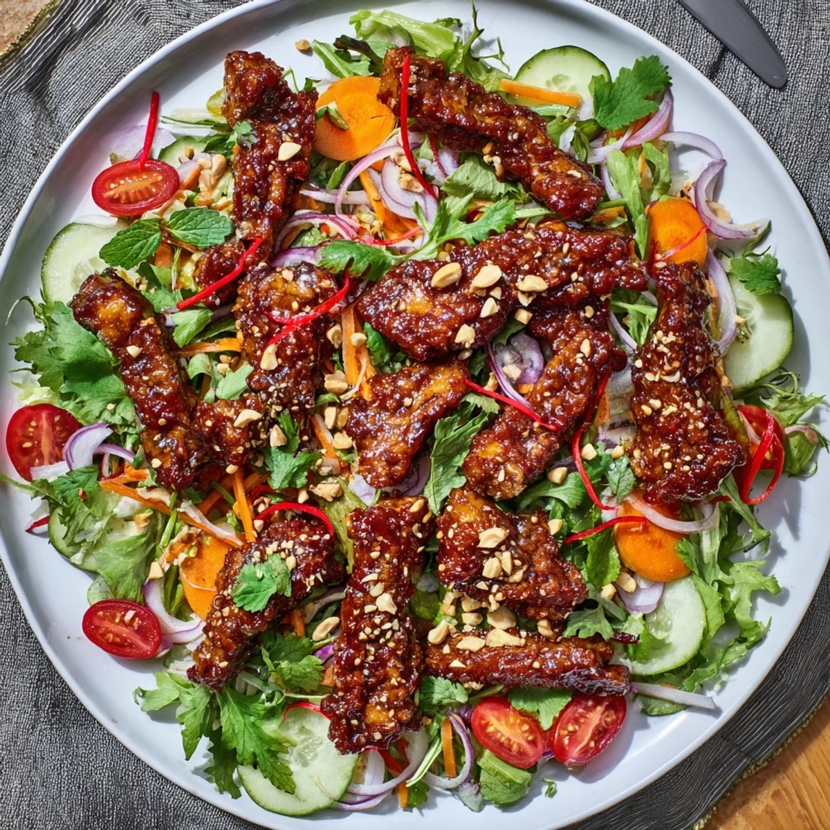 Crispy roasted pork belly salad drizzled with sweet and sour sauce, served with fresh cilantro, roasted peanuts, and crunchy red bell pepper strips