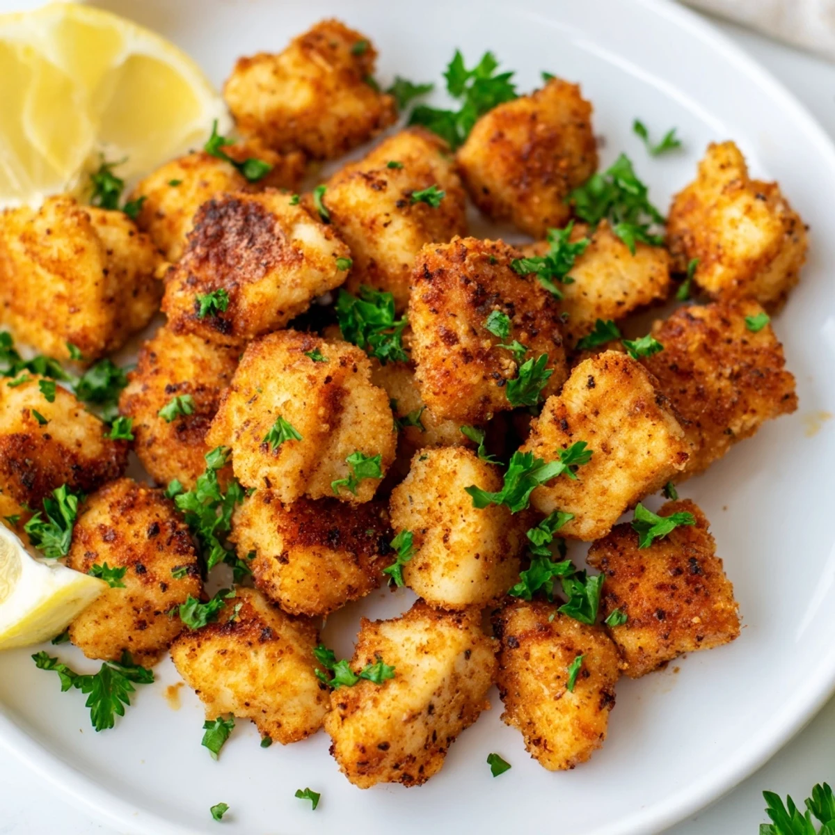 Golden crispy air fryer lemon chicken bites garnished with fresh parsley and lemon wedges on a white serving plate