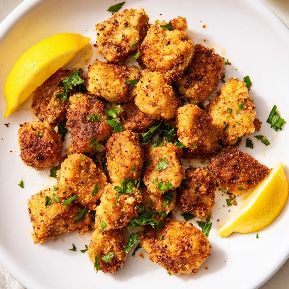 Crispy golden brown lemon chicken bites served with green salad and pita bread for a complete meal