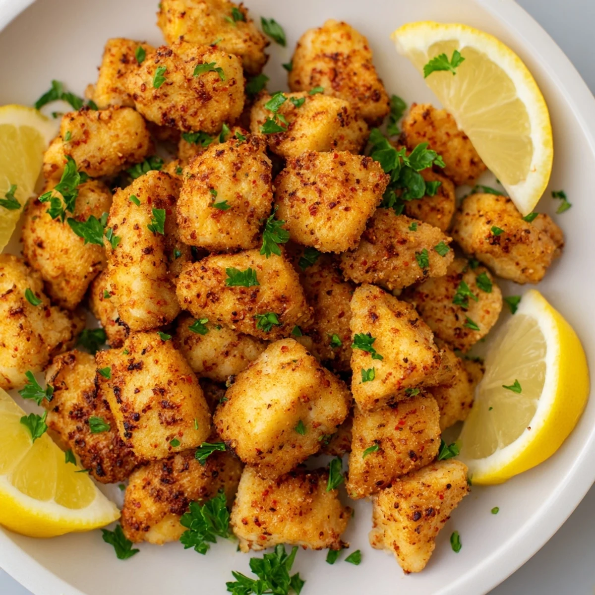 Tender juicy lemon herb marinated chicken pieces arranged in a single layer inside air fryer basket