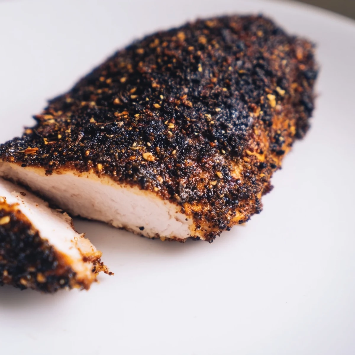 Golden crispy blackened chicken breasts with dark spice crust resting on a white plate with fresh lemon wedges and parsley garnish
