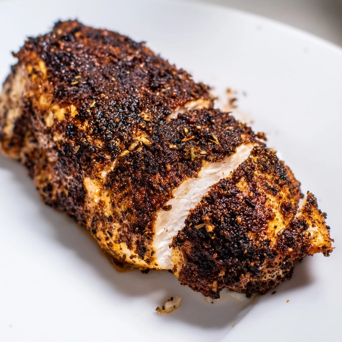 Sizzling blackened chicken cooking in cast iron skillet with dark aromatic spice coating creating that signature Southern crispy crust