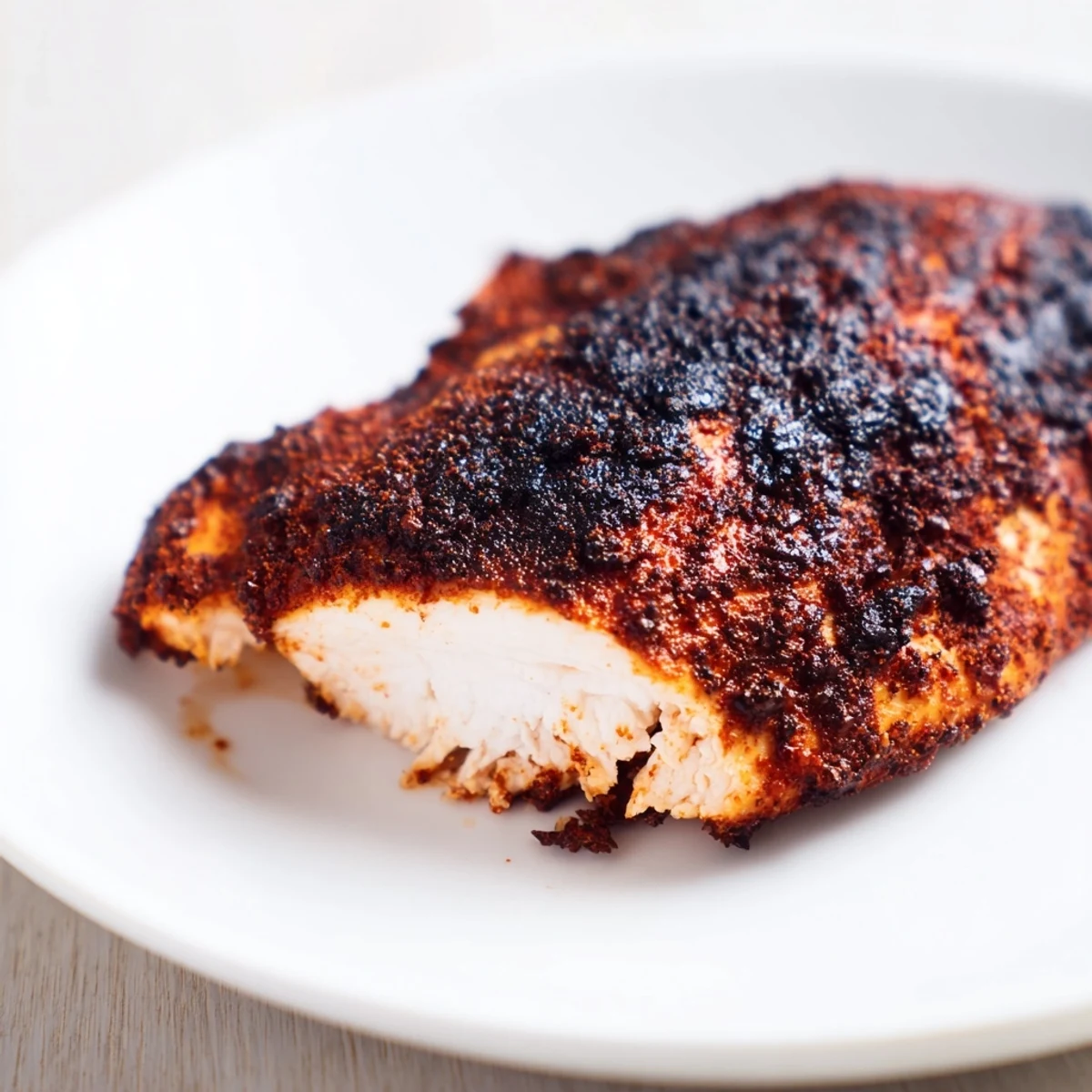 Juicy blackened chicken with smoky charred exterior sliced to reveal tender moist meat seasoned with Cajun spices on a cutting board