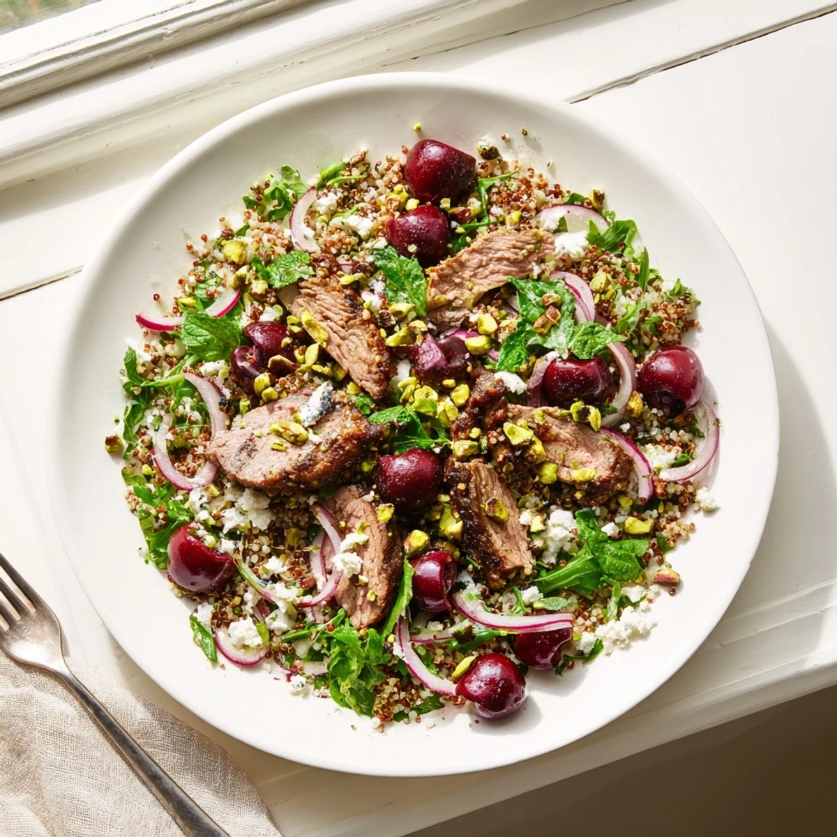 Golden seared lamb strips rest atop fluffy quinoa with bright red cherries and fresh herbs in this Cherry Quinoa Salad With Lamb.
