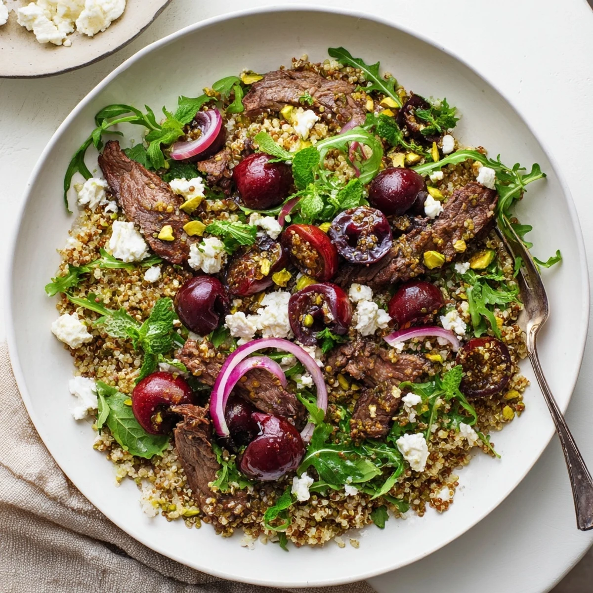 Colorful bowl of Cherry Quinoa Salad With Lamb featuring tender meat, juicy cherries, peppery arugula, and crumbled feta cheese.