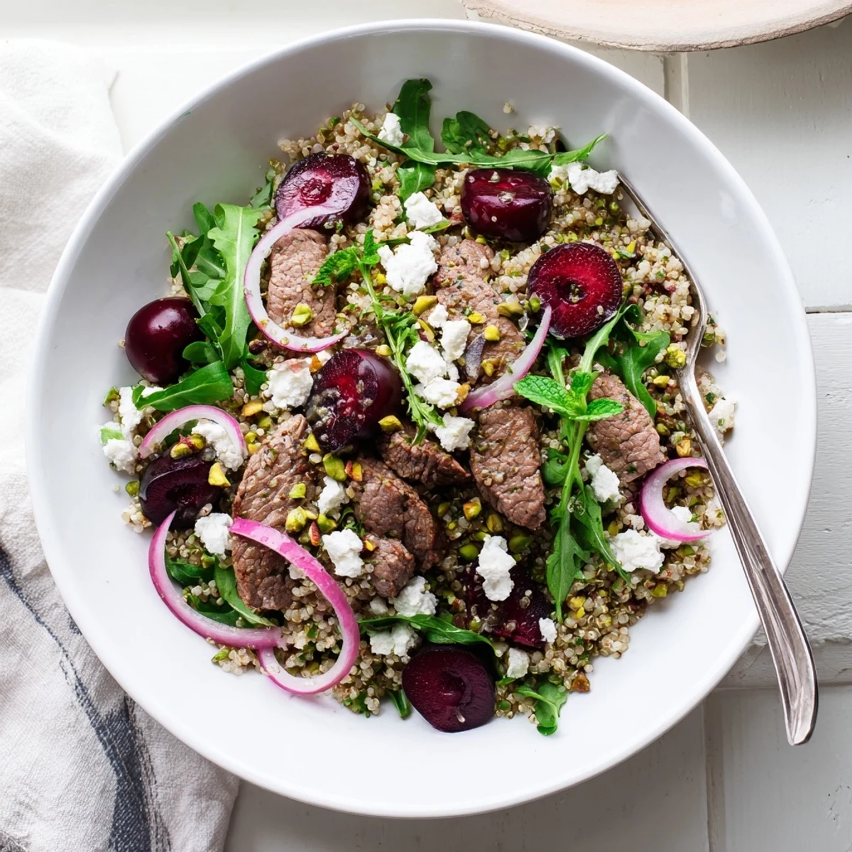 Summer-ready Cherry Quinoa Salad With Lamb arranged with grilled lamb, halved cherries, toasted pistachios, and vibrant mint leaves.