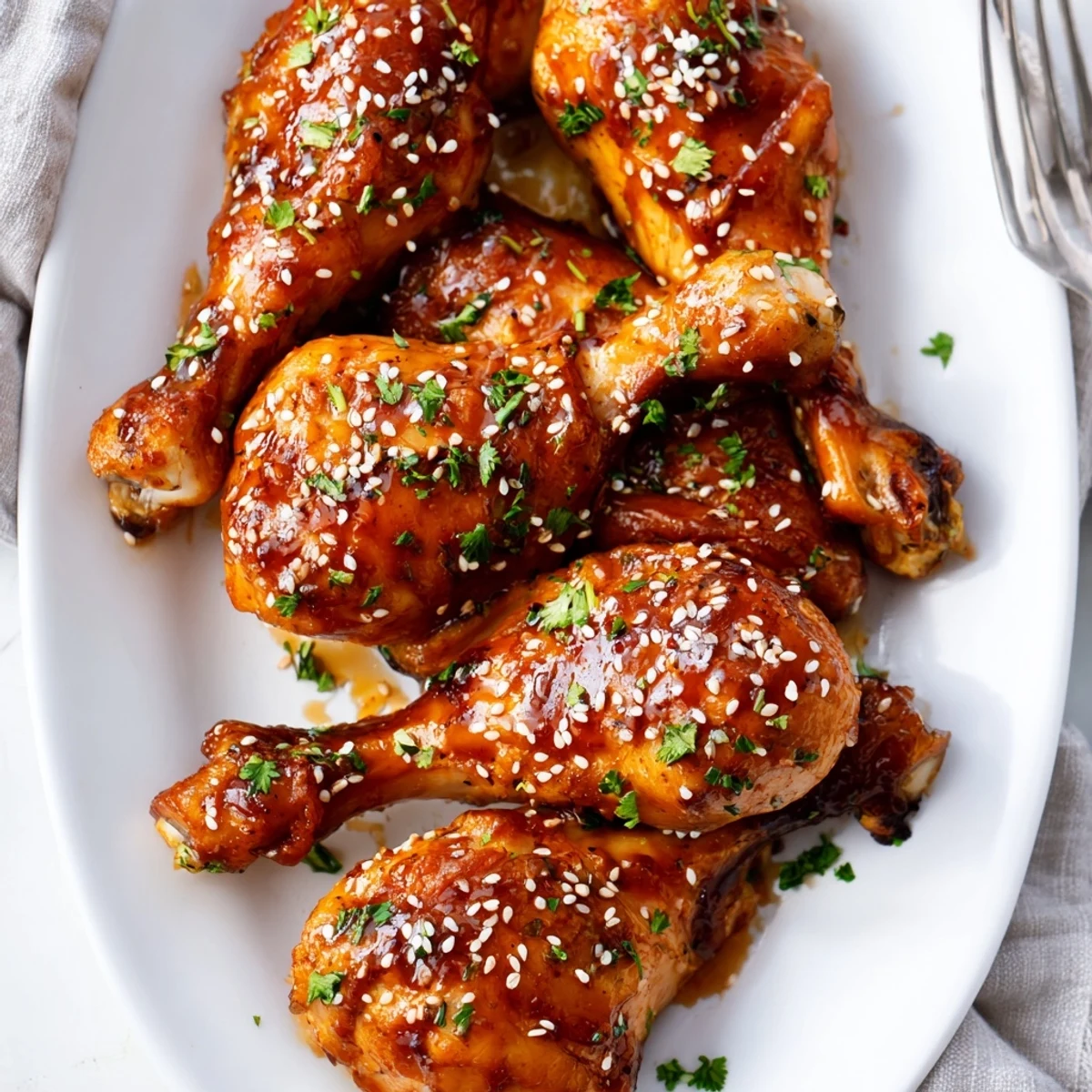 Golden honey garlic baked chicken drumsticks with sticky caramelized glaze and fresh parsley garnish