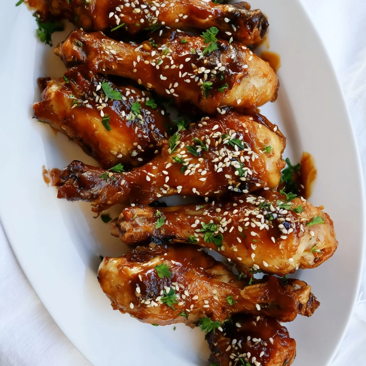 Family style honey garlic baked chicken drumsticks arranged on baking sheet with sesame seed topping