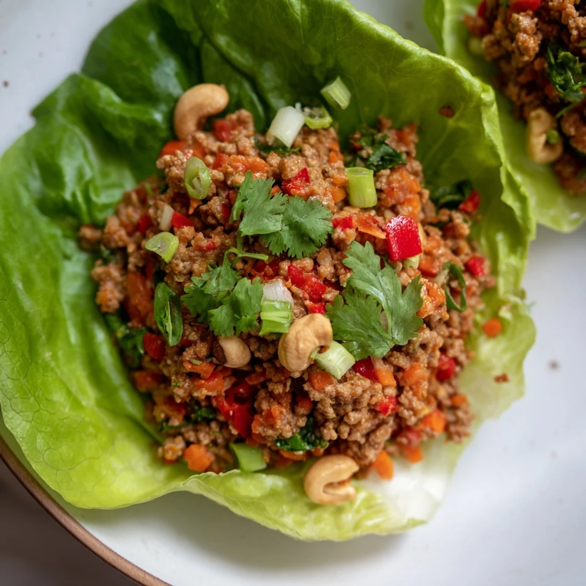 Fresh beef and cashew lettuce cups filled with savory seasoned meat and crisp butter lettuce leaves