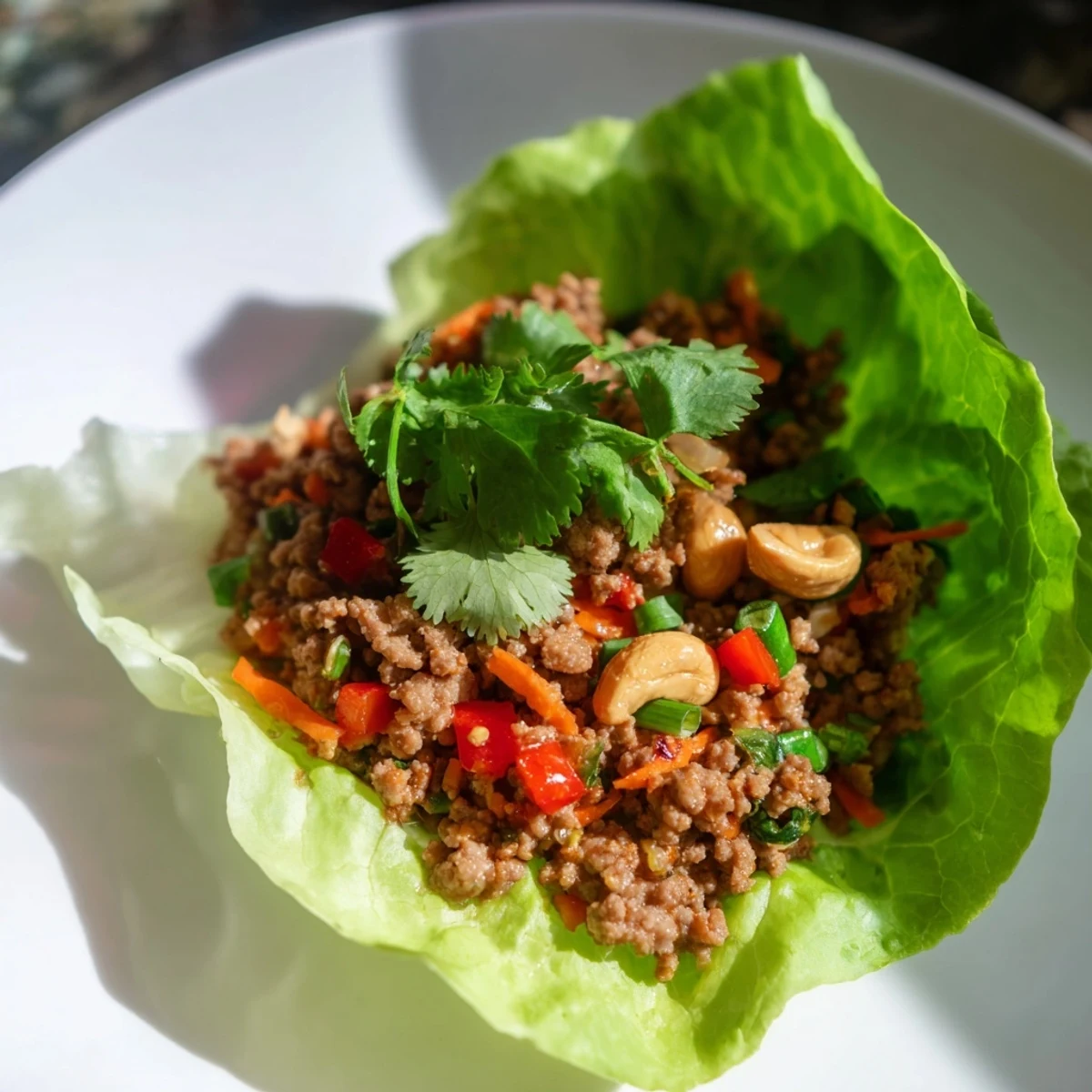 Savory beef and cashew lettuce cups topped with colorful vegetables, herbs, and crunchy cashews