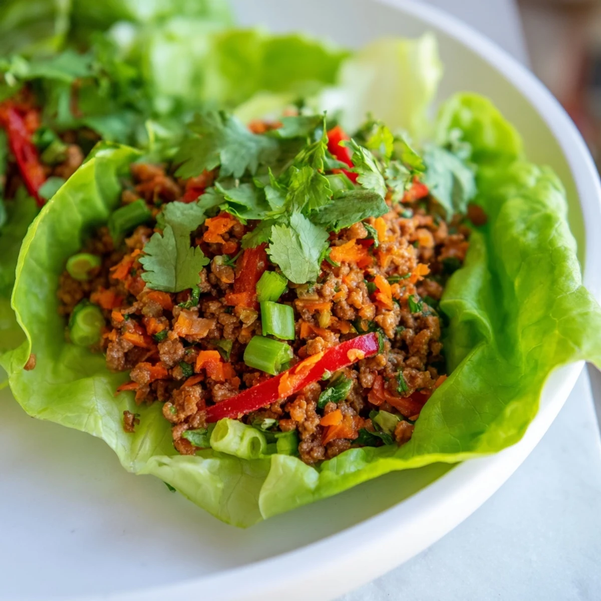 Platter of Asian-style beef and cashew lettuce cups garnished with coriander and lime wedges