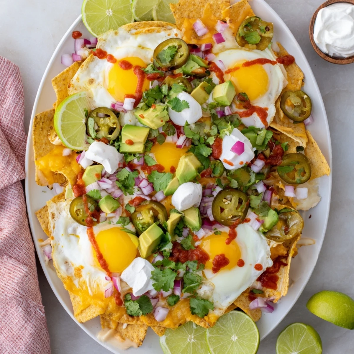 Vibrant breakfast nachos with crispy tortilla chips, salsa, creamy avocado, and perfectly cooked eggs
