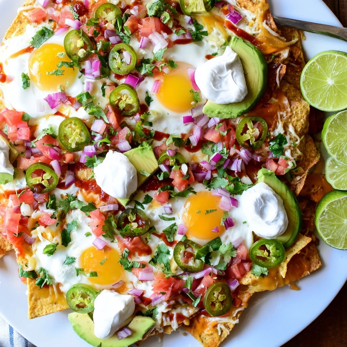 Sizzling Mexican egg nachos platter featuring runny yolks, shredded cheese, jalapeños, and sour cream
