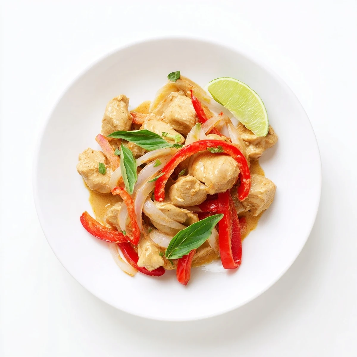 Golden basil chicken in coconut curry sauce simmered in a rich creamy red broth