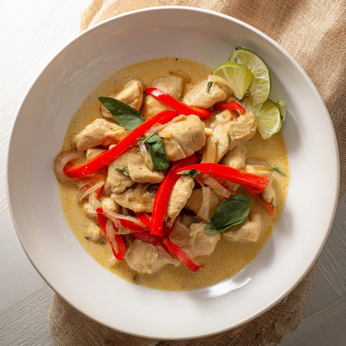 Tender chicken pieces in coconut curry sauce topped with fresh green basil leaves