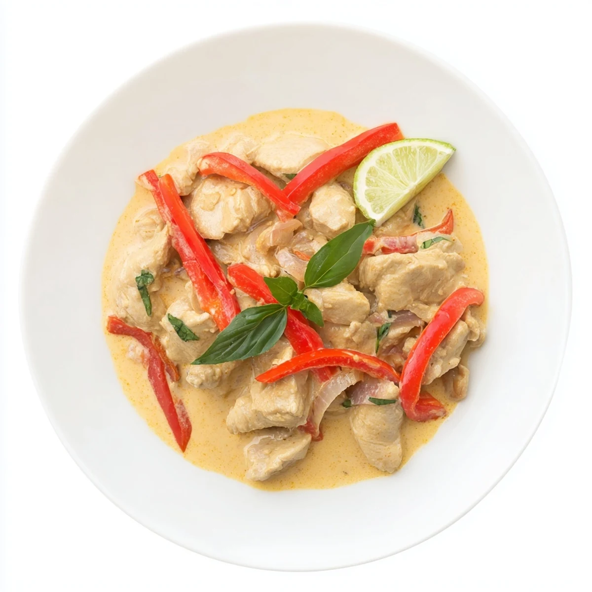 Thai-inspired basil chicken in coconut curry sauce served over fluffy white jasmine rice