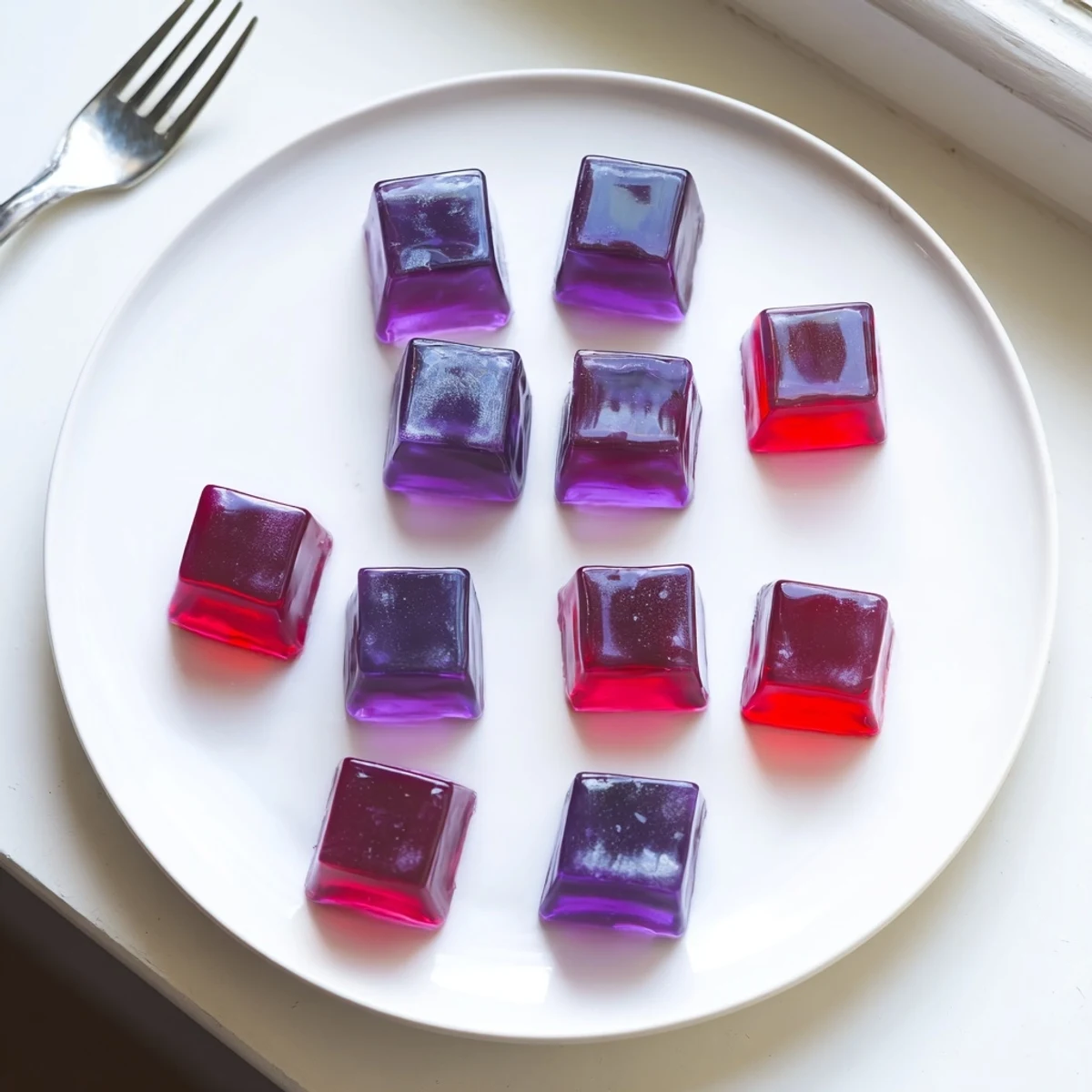 Homemade probiotic jello snacks glistening in bright jewel tones with smooth texture