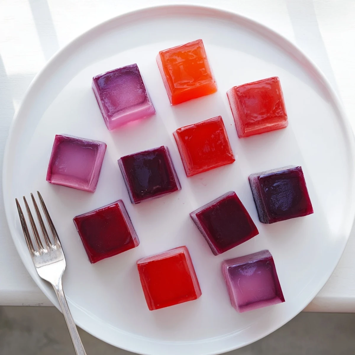 Wobbly gut-friendly probiotic jello cubes arranged on a white serving plate