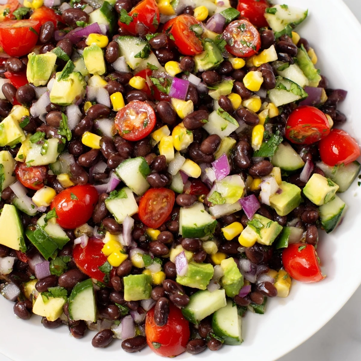 Vibrant bowl of chopped black bean salad featuring corn, bell peppers, tomatoes, and cilantro tossed in tangy lime vinaigrette