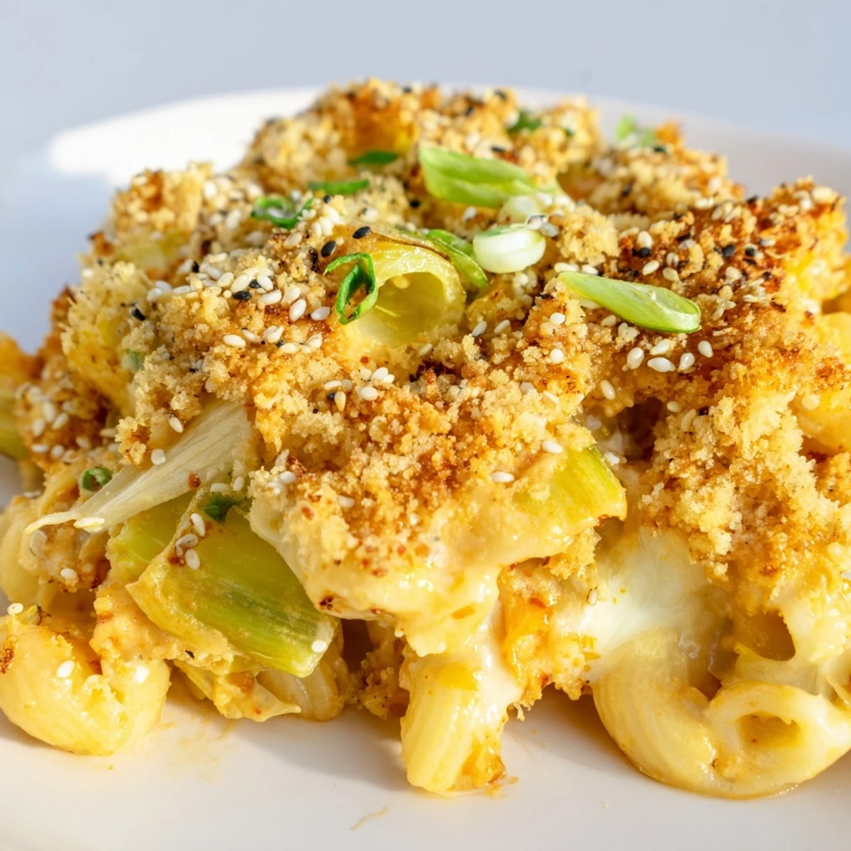 Creamy kimchi mac and cheese bubbling in a baking dish with golden panko topping