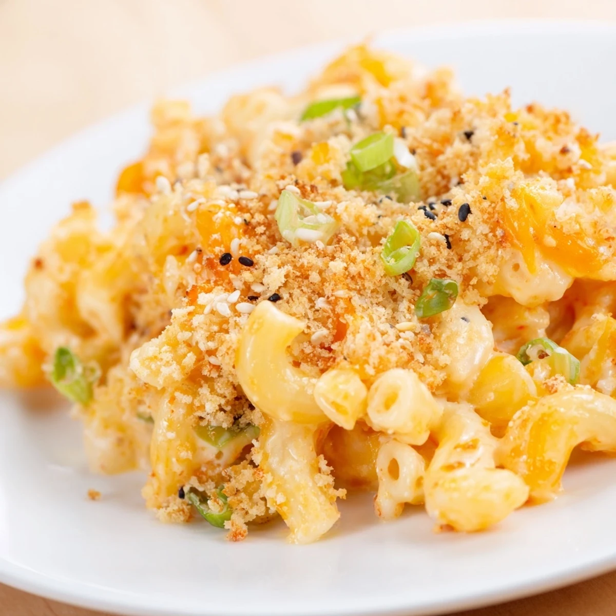 Spicy kimchi mac and cheese with melted cheddar and mozzarella on a white plate