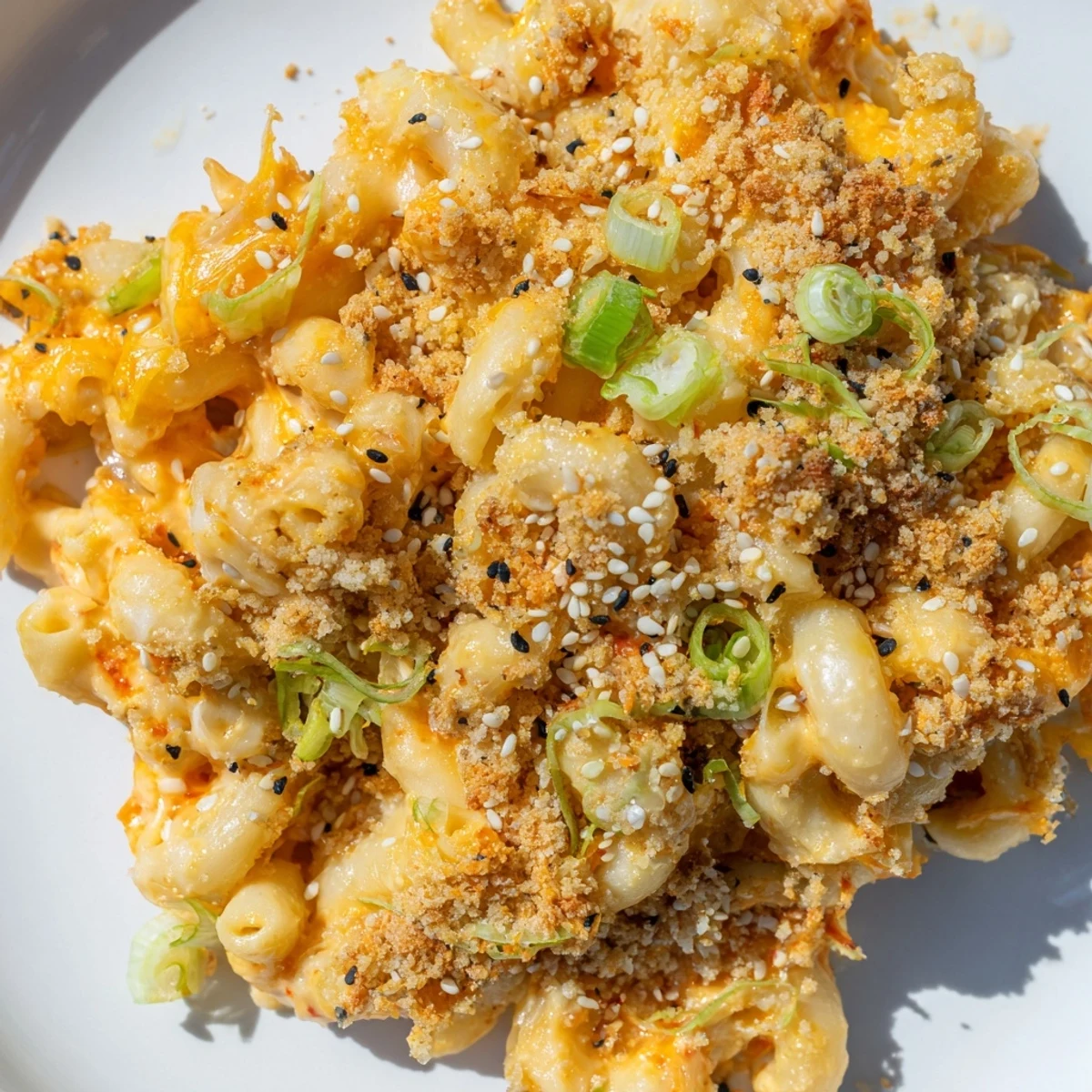 Fusion kimchi mac and cheese featuring fermented cabbage and crispy breadcrumb garnish