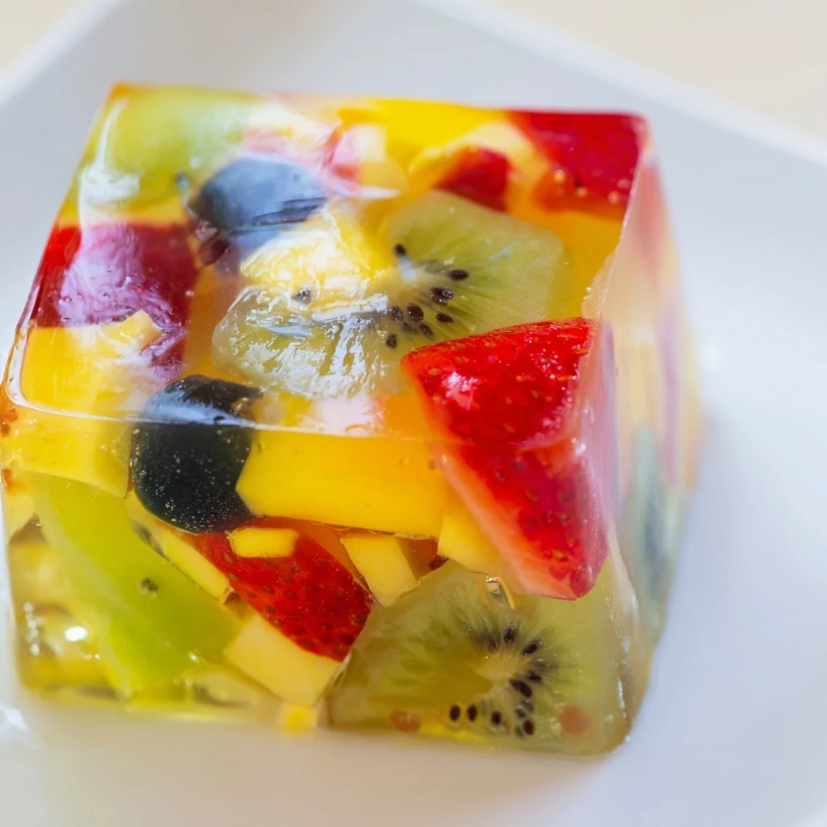 Colorful agar agar fruit jelly set in a clear glass dish with fresh diced strawberries, kiwi, mango, pineapple and blueberries suspended throughout the translucent vegan dessert