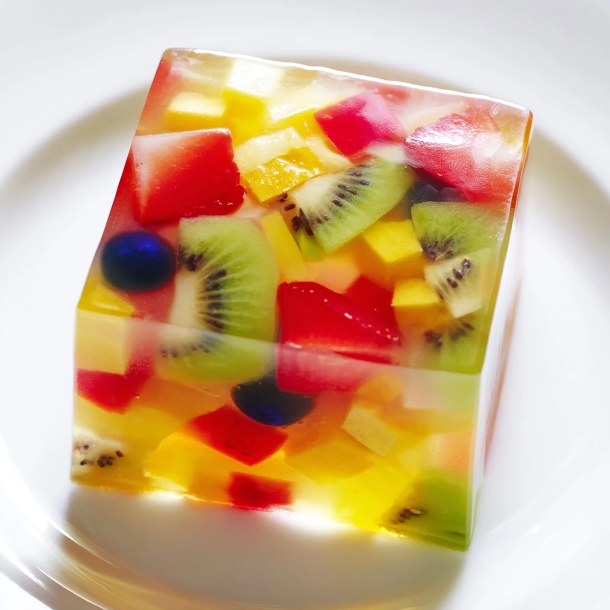 Wobbly agar agar fruit jelly cubes arranged on a white serving plate, showcasing the vibrant mixed fruit pieces embedded in the glistening plant-based gelatin