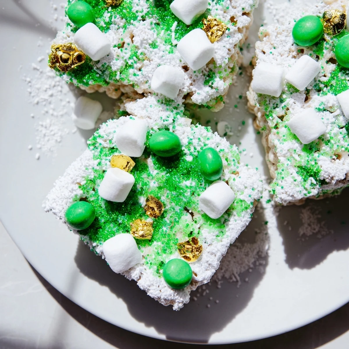 Colorful St. Patricks Day Lucky Chow mix with green candies, marshmallows, and gold coins in a white chocolate coating