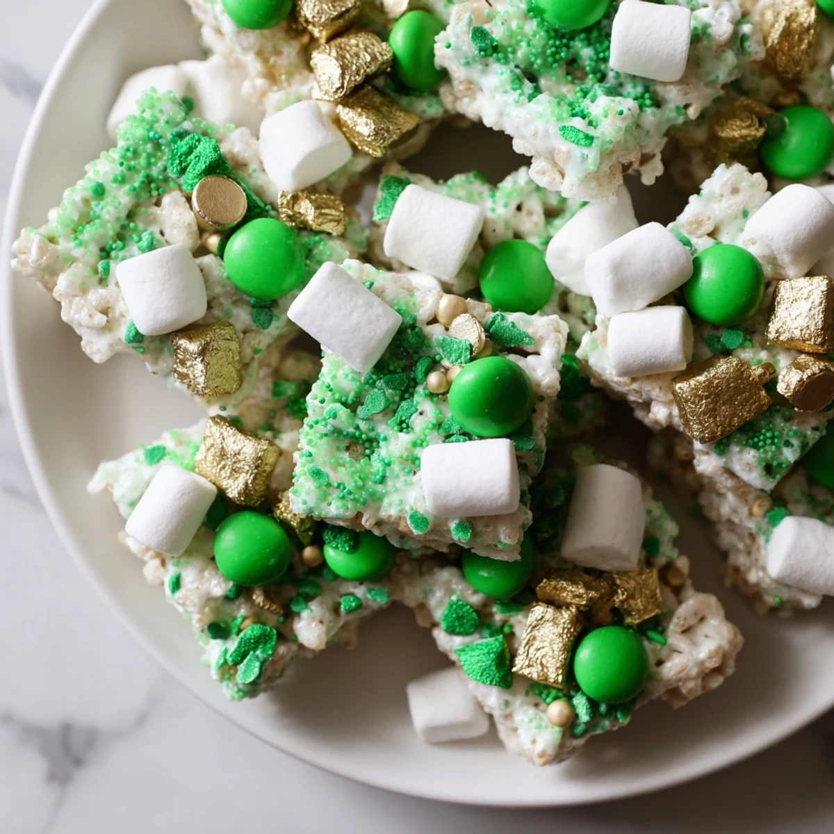 Festive Irish-inspired puppy chow snack with green M&Ms and sprinkles sprinkled over powdered sugar-coated cereal
