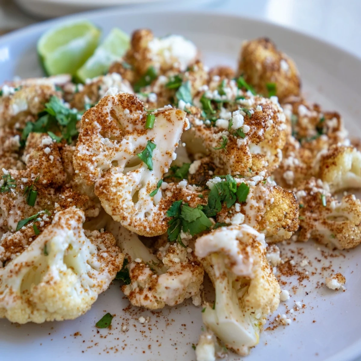 Roasted cauliflower elote coated in creamy sauce and topped with crumbled cotija cheese and fresh cilantro