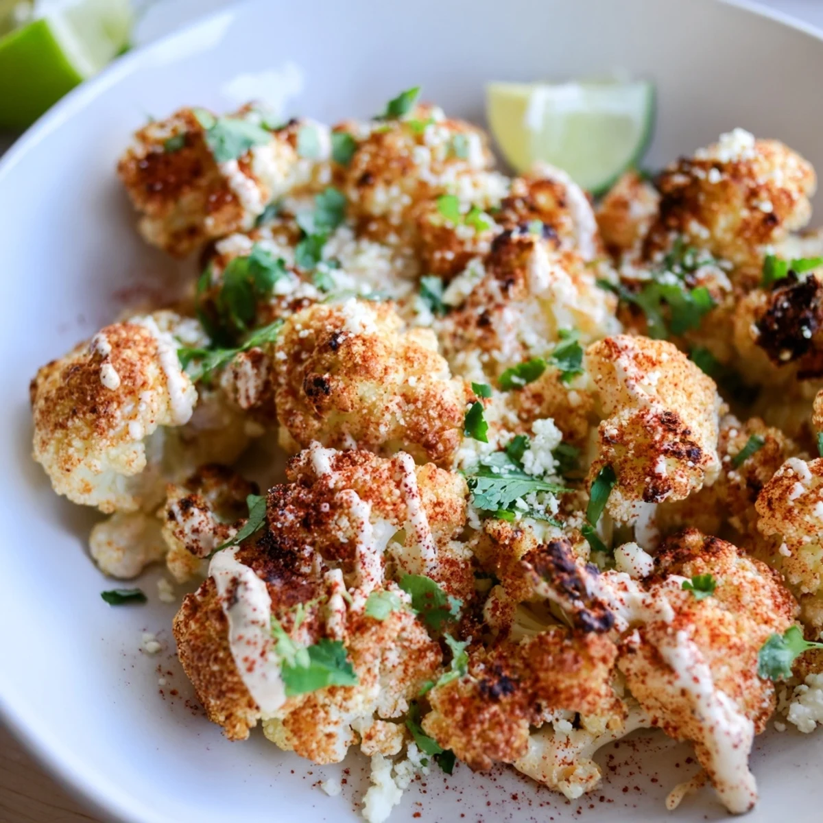 Golden cauliflower florets tossed in smoky elote sauce and sprinkled with chili powder and lime wedges