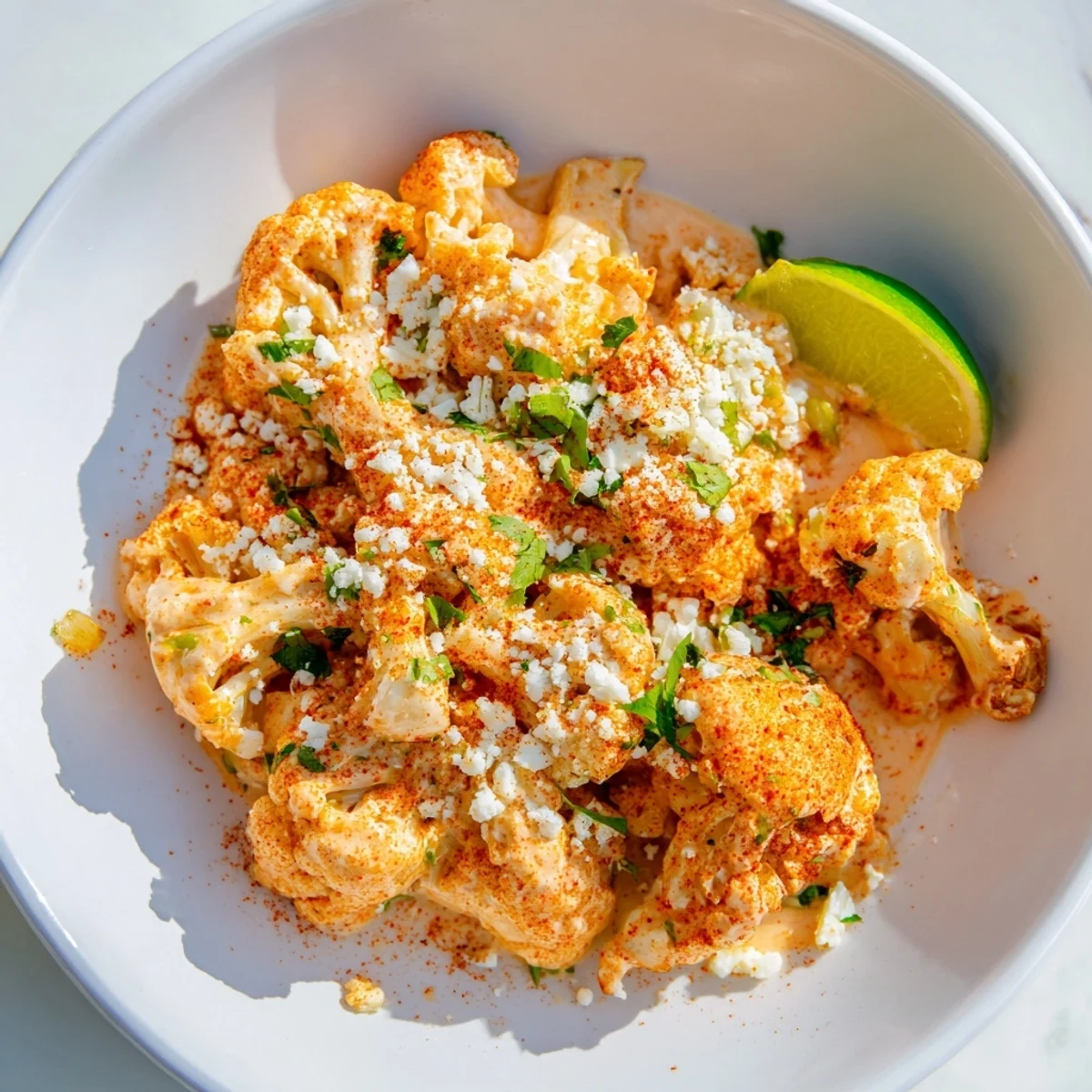 Vegetarian cauliflower elote serving platter with tangy mayonnaise dressing, cotija crumbles, and bright green garnish