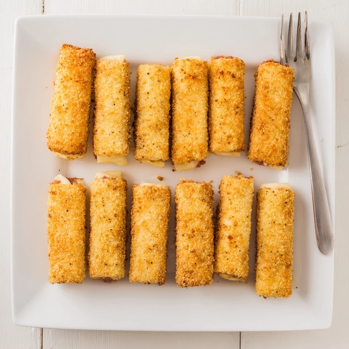 Golden brown ham and cheese sticks arranged on a serving plate ready for dipping