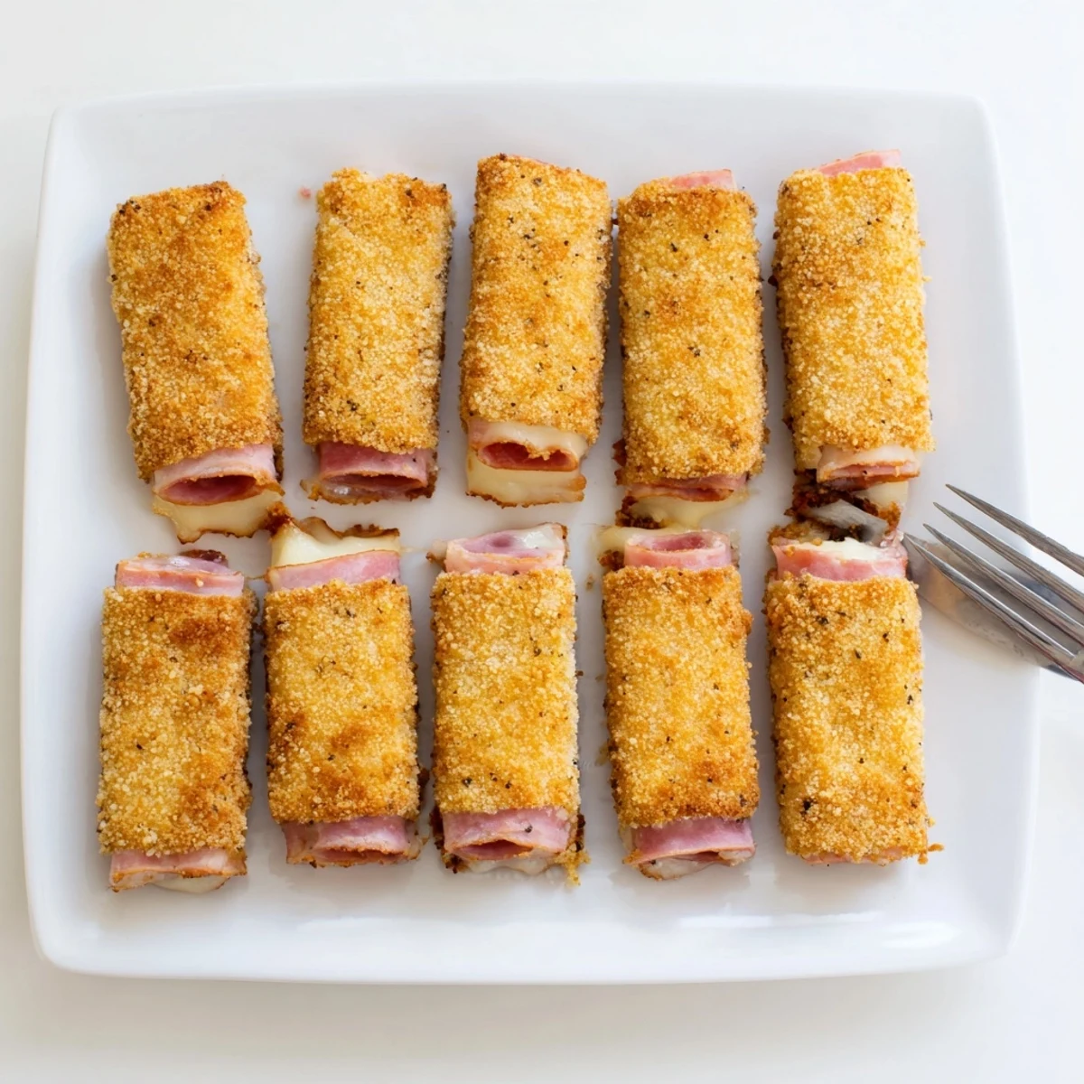 Crispy fried appetizer sticks featuring melted mozzarella and savory ham inside golden breadcrumbs