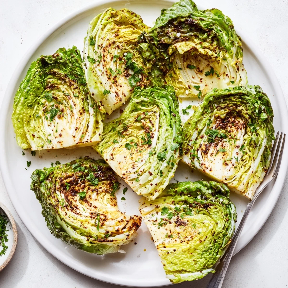 Oven roasted cabbage wedges arranged on baking sheet with olive oil coating and spices