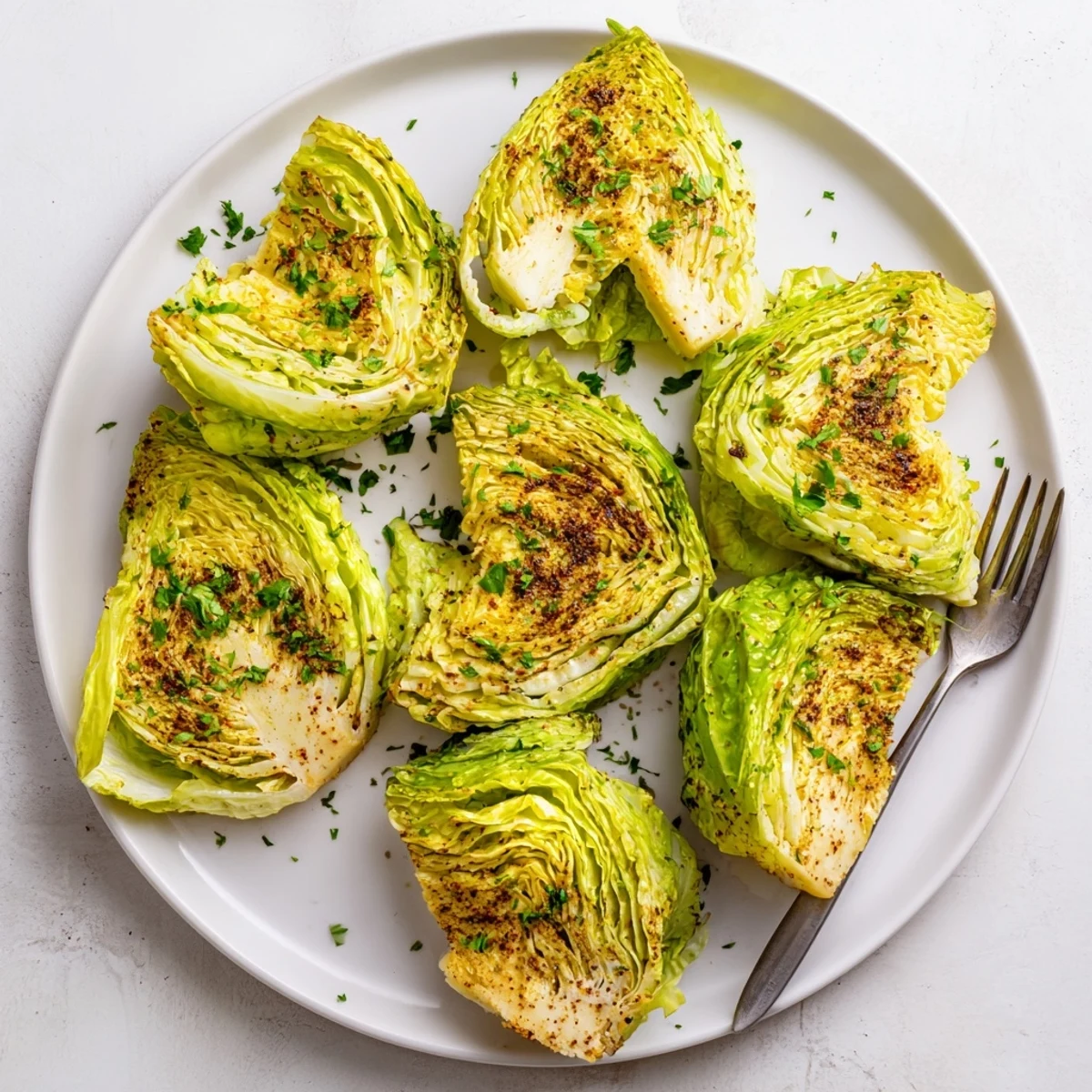 Plate of roasted cabbage wedges garnished with fresh parsley and lemon juice drizzle