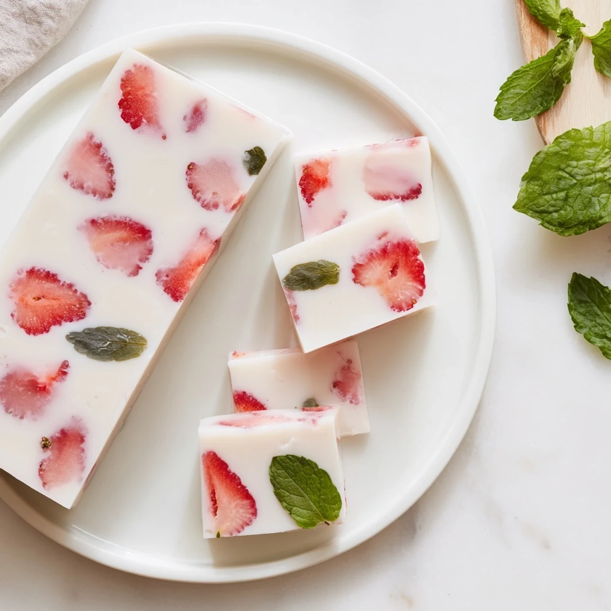 Creamy strawberry milk yokan dessert with fresh red berries suspended in white milk jelly