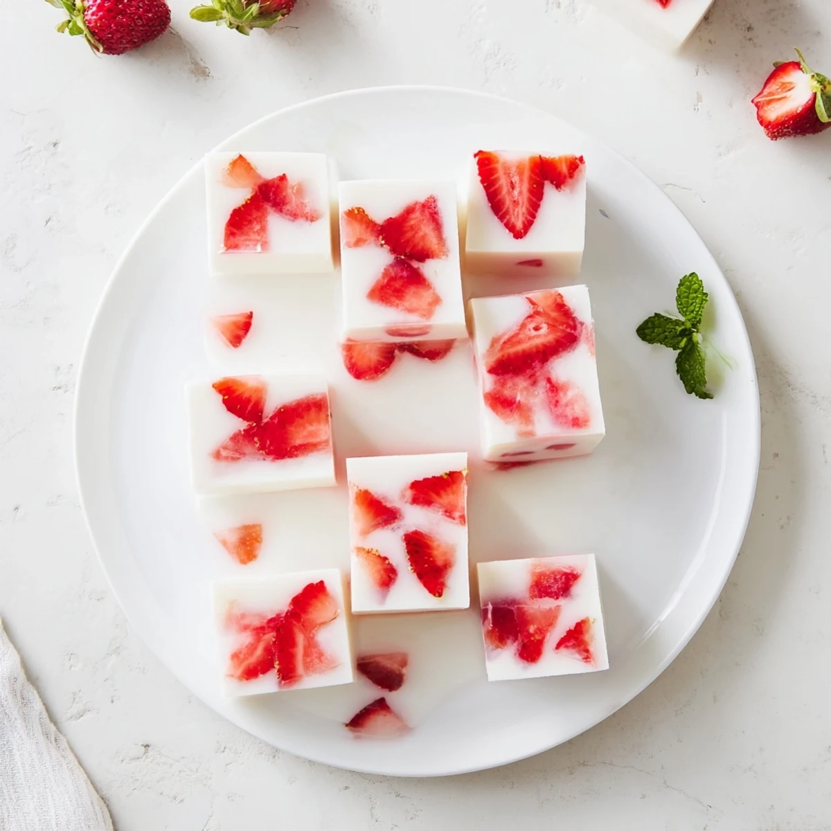 Homemade strawberries and milk yokan featuring halved fresh fruit floating in smooth vanilla-infused agar dessert