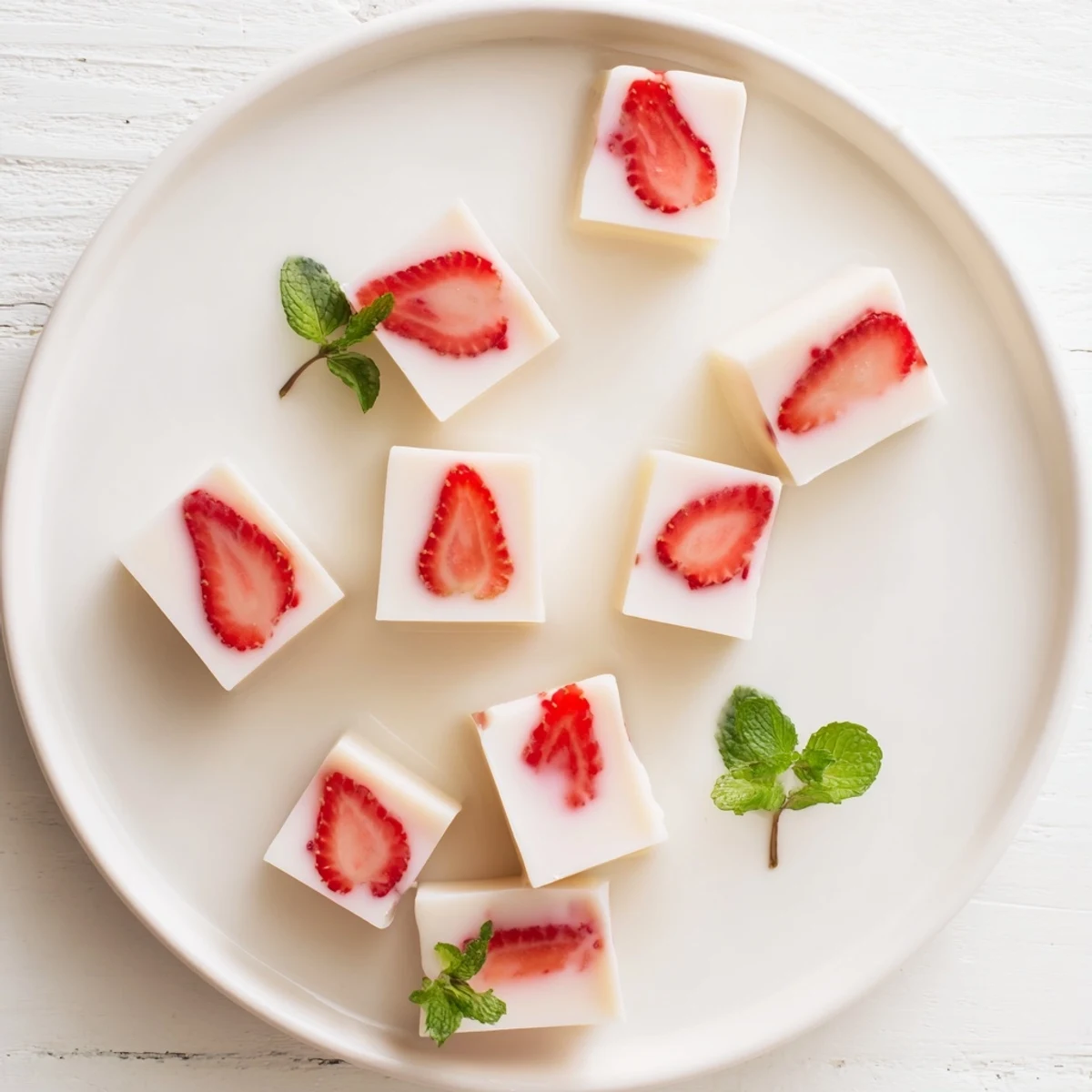 Japanese strawberry milk yokan sliced into cubes garnished with fresh mint leaves on white plate